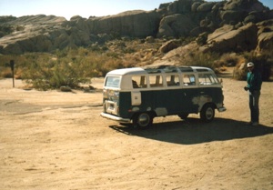 Kyle Samper and his VW Microbus, Joshua Tree National Monument, 1989, photo © Janice Samper